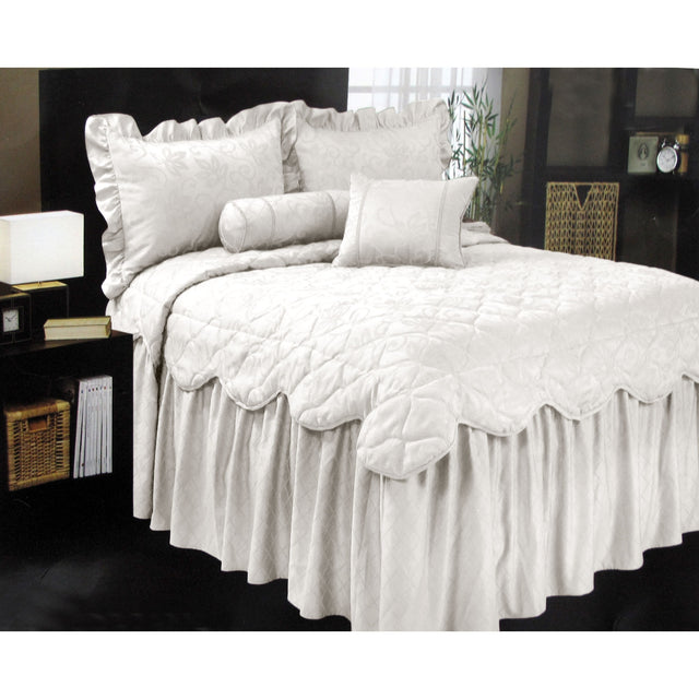 Antique white woven jacquard bedspread set with matching pillow shams on a queen bed