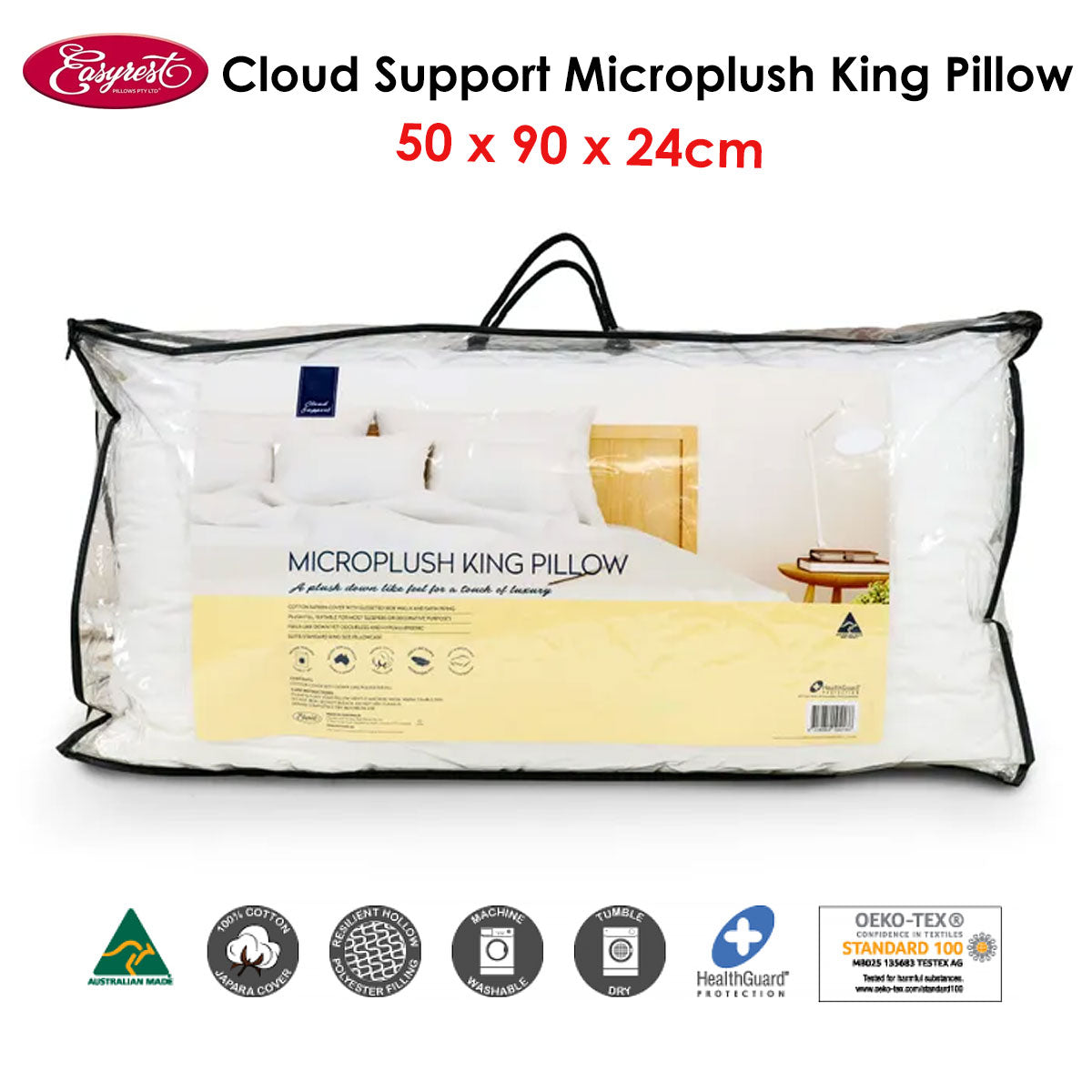 Easyrest Cloud Support Microplush King Pillow — 50x90x24cm, Medium Support — Allure Home Collections