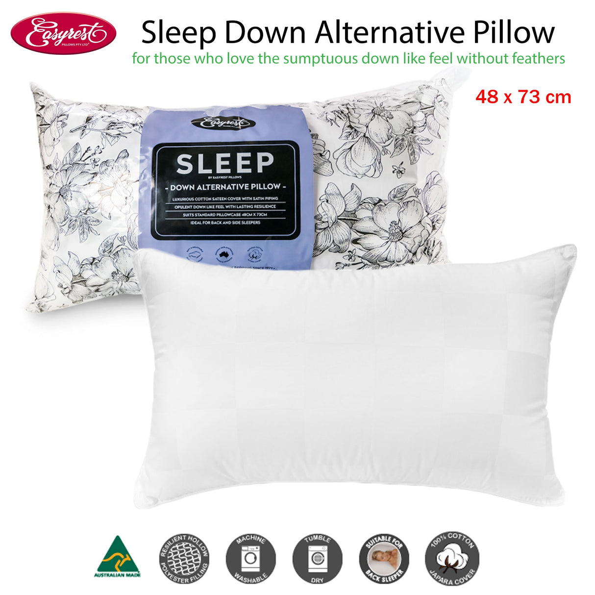 Easyrest Sleep Down Alternative Standard Pillow — Cotton Sateen Cover, Back Sleepers — Allure Home Collections