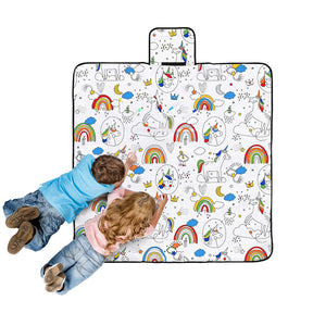 Borrowdale Colour Me In kids picnic blanket 125 x 125cm with dream big unicorn colouring design, carry handle and water resistant backing