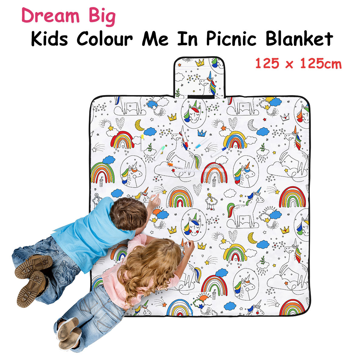Borrowdale Colour Me In Picnic Blanket, Dream Big Unicorn, 125x125cm
