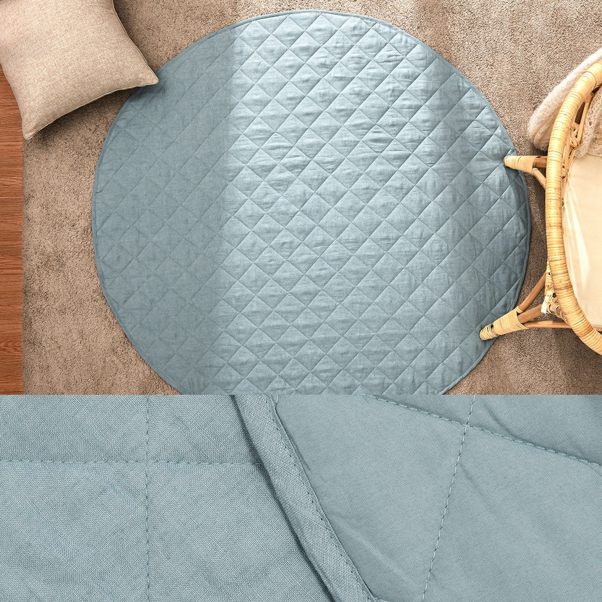 Round quilted linen baby play mat, 130cm diameter