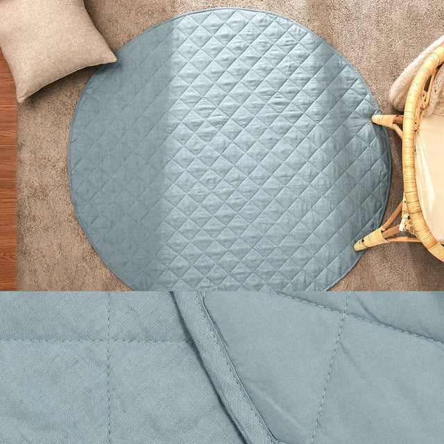 Round quilted linen baby play mat, 130cm diameter