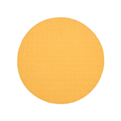 Detail of quilted French linen top on marigold round baby play mat