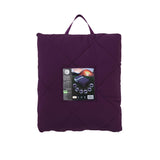 Purple diamond quilted camp quilt shown open and folded into a cushion