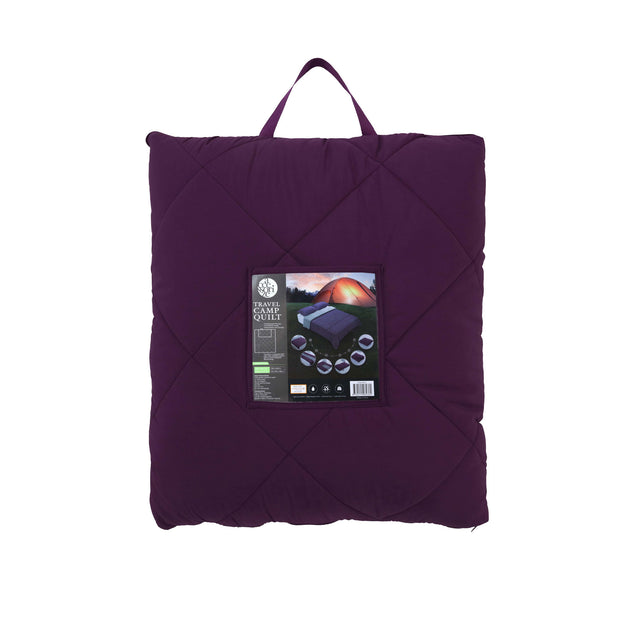 Purple diamond quilted camp quilt shown open and folded into a cushion
