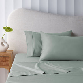 Arezzo sage 400TC bamboo cotton sheet set with 40cm wall on a bed