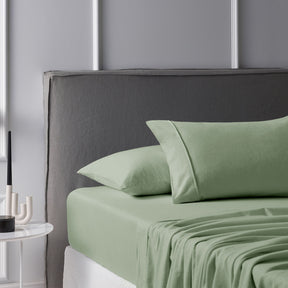 Bettona sage brushed cotton flannelette sheet set on a winter bed