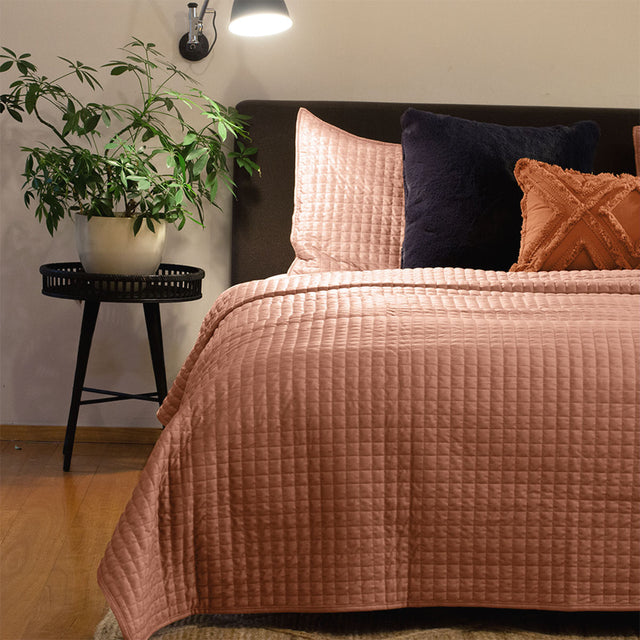 Todenham clay pink velvet quilted diamond coverlet set Queen King