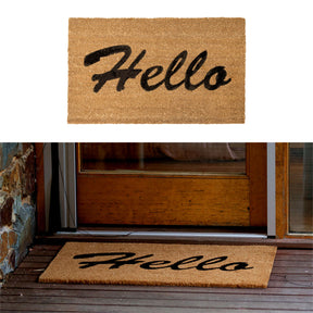 Yungaburra Hello coir door mat with textured lettering at a front door, 45 by 75cm