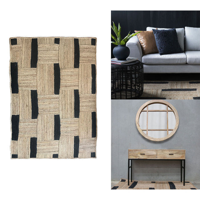 Textured jute floor rug in natural, black and cream tones, 160x230cm