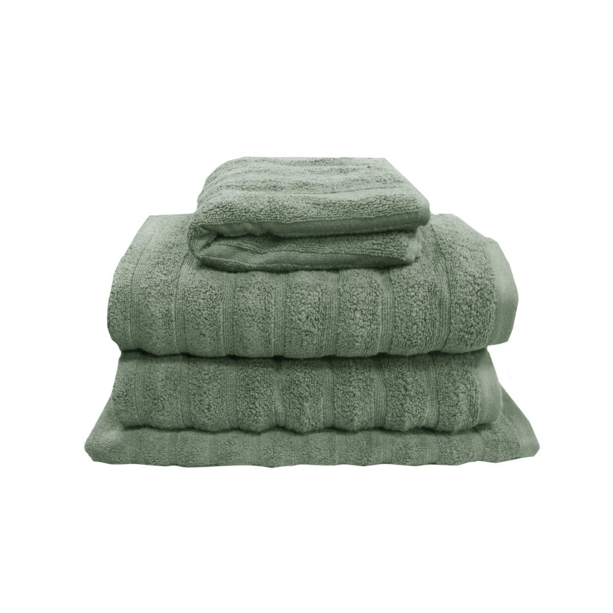 Avocado green four piece cotton towel set with two bath towels, hand towel and bath mat