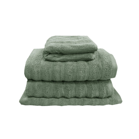 Avocado green four piece cotton towel set with two bath towels, hand towel and bath mat