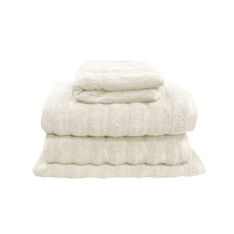 Snow white four piece cotton towel set with two bath towels, hand towel and bath mat