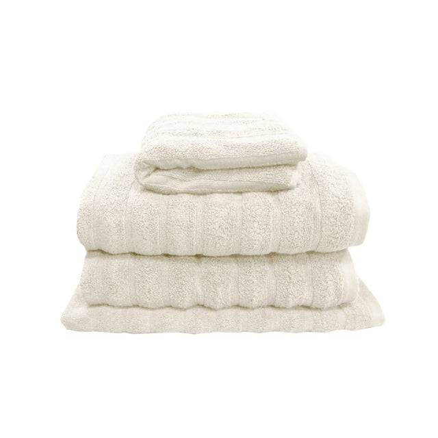 Snow white four piece cotton towel set with two bath towels, hand towel and bath mat