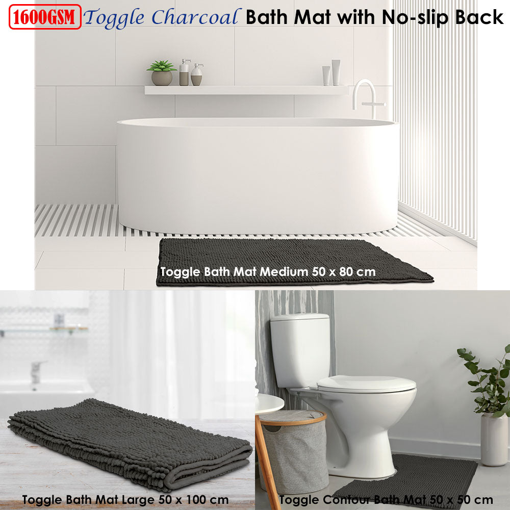 Close up of the toggle applique pattern on the charcoal microfibre bath mat
