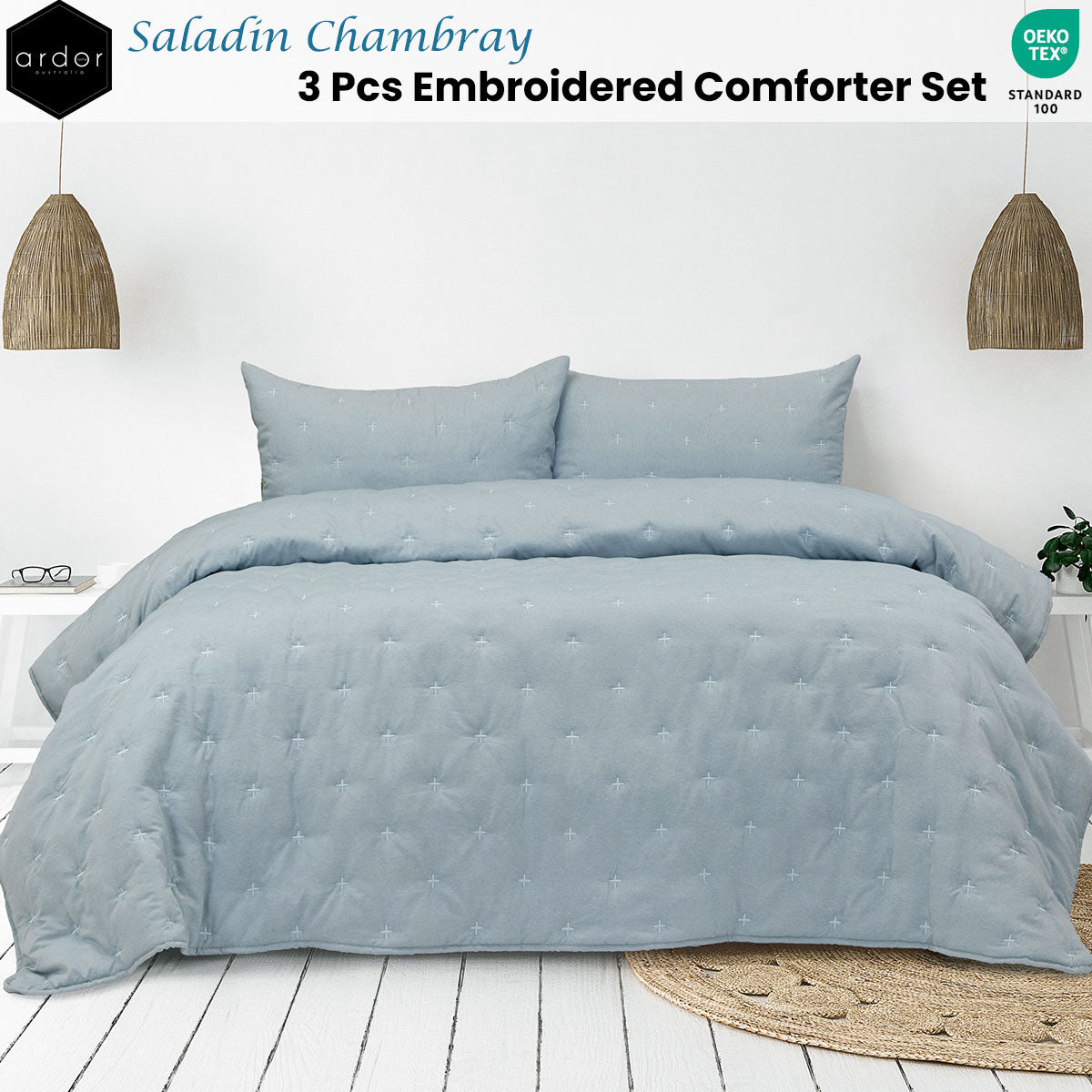 Evenlode Embroidered Comforter Set 3pcs, Chambray Queen King