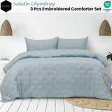 Evenlode Embroidered Comforter Set 3pcs, Chambray Queen King