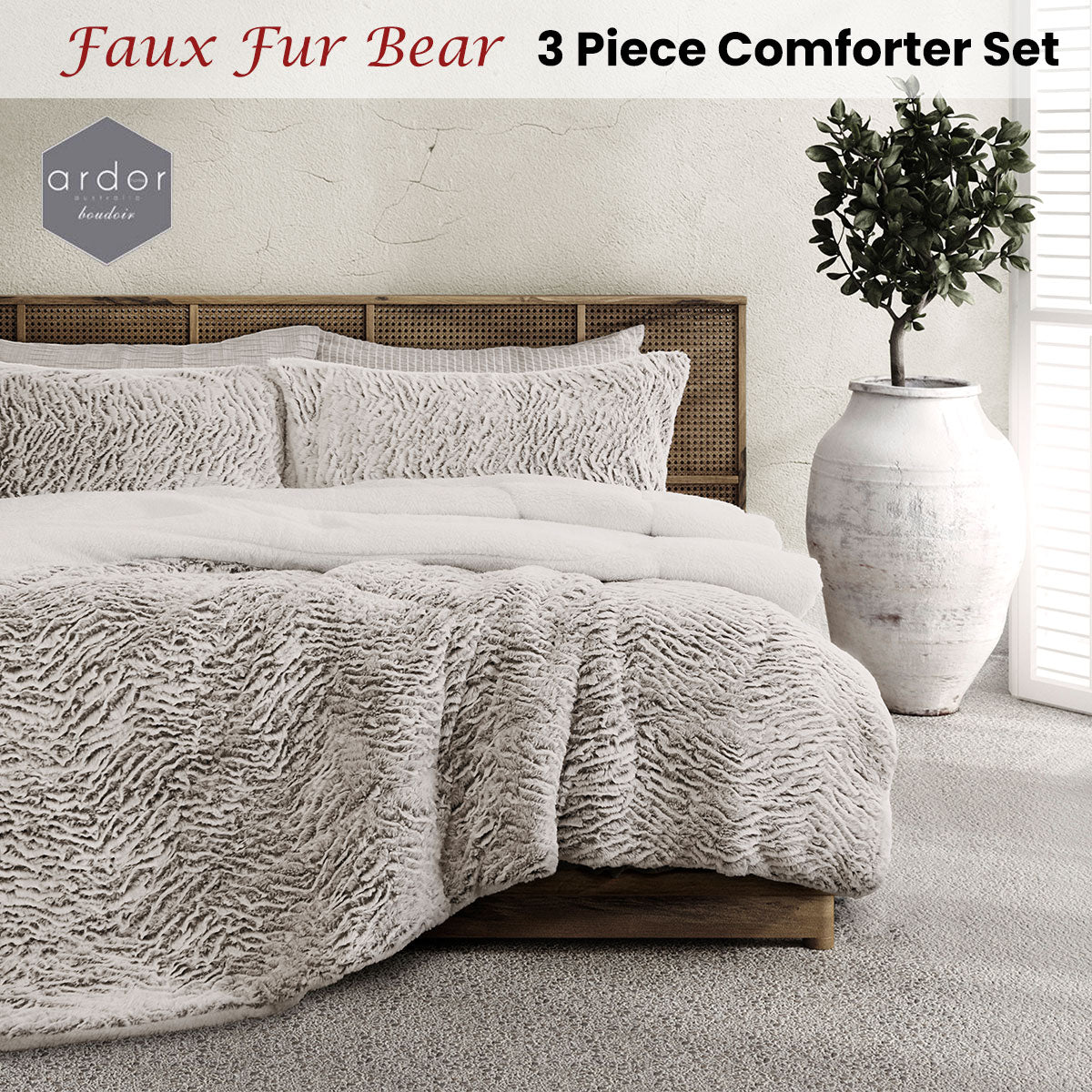 Sandford Faux Fur Comforter Set 3pcs, Bear Single Double