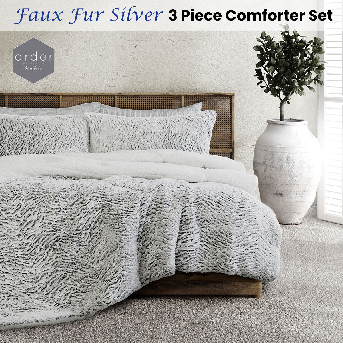 Salperton Faux Fur Comforter Set 3pcs, Silver Single Double