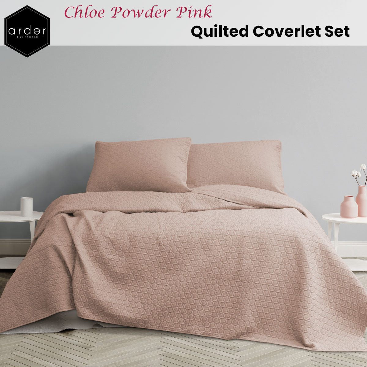 Milton under Wychwood Quilted Coverlet Set 3pcs, Powder Pink Queen King