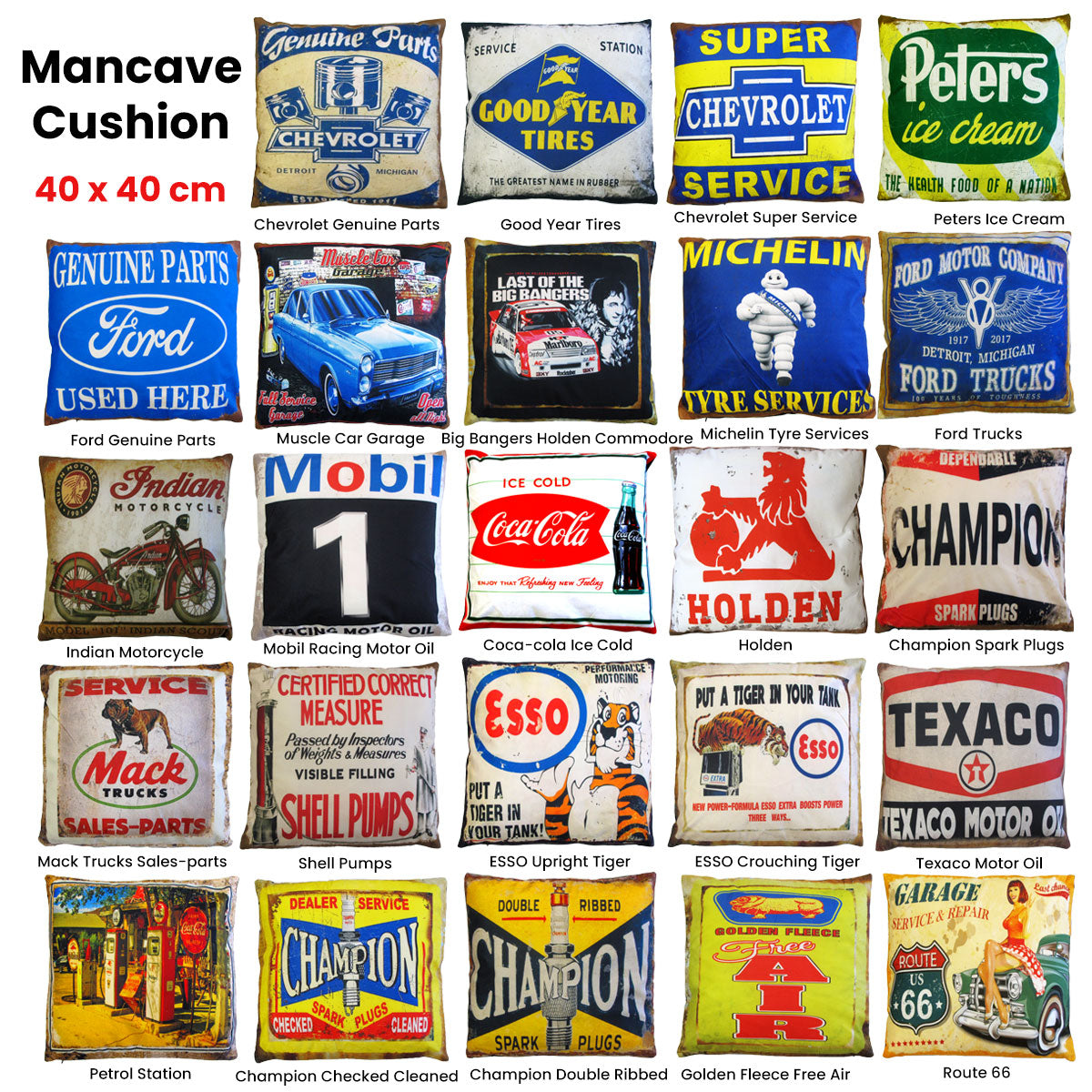 Australian Mancave Retro Cushion Collection — Vintage Automotive and Retro Logos — Allure Home Collections