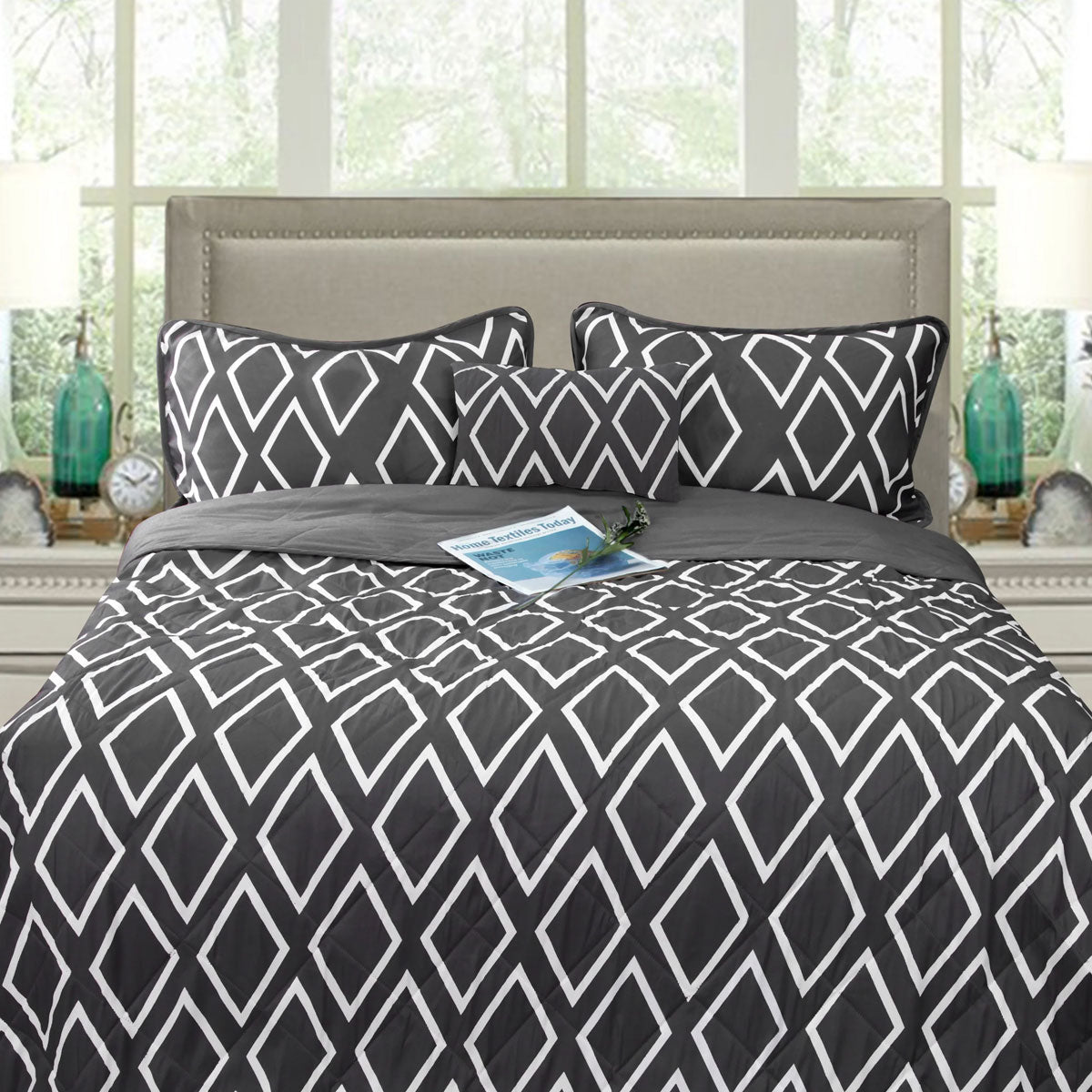 Idbury charcoal microfibre ultrasonic geometric comforter set Queen