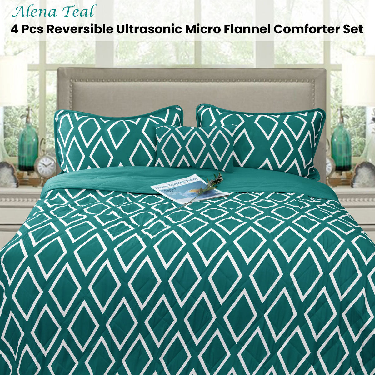 Idbury Ultrasonic Comforter Set 4pcs, Teal Queen