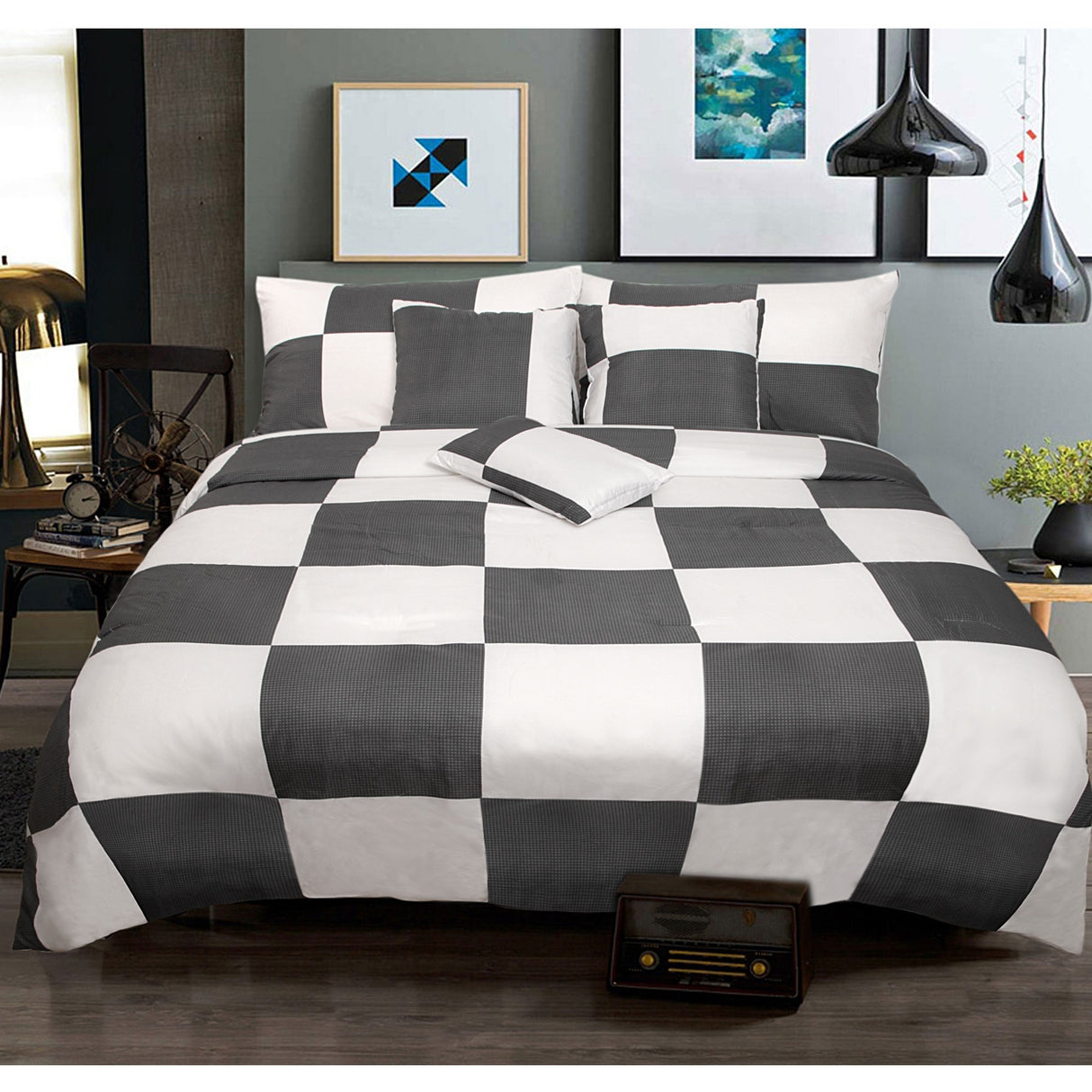 Cam charcoal and white check comforter set on a Queen bed