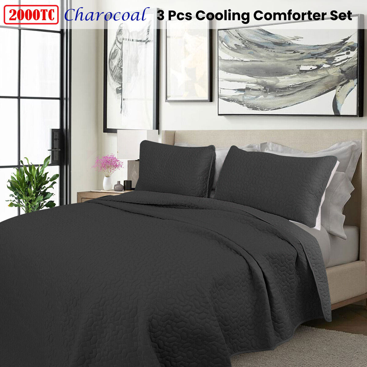 Kineton 3pcs Cooling Embroidered Comforter Set, King, Charcoal