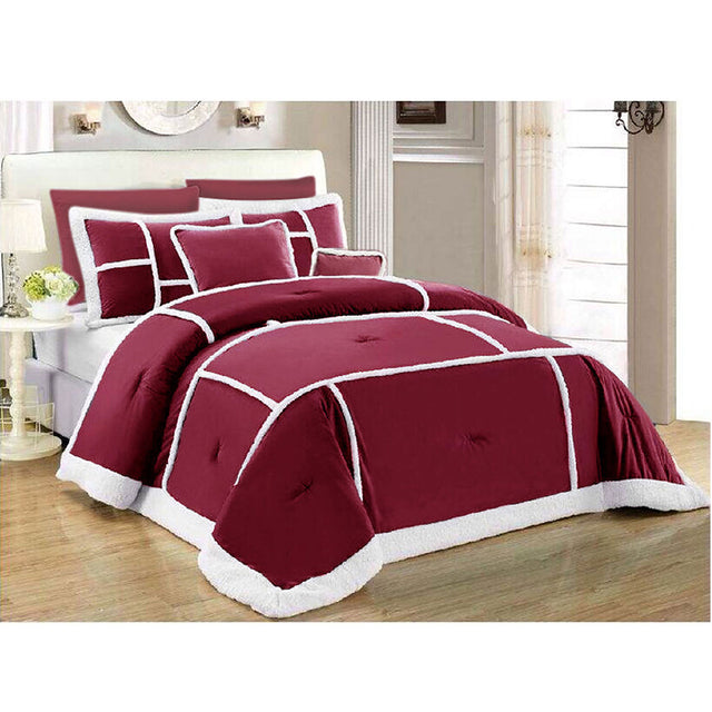 Maugersbury burgundy sherpa fleece comforter set Queen