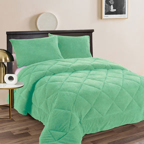 Aqua frost teddy fleece comforter set with a deep plush pile and two pillowcases on a king bed