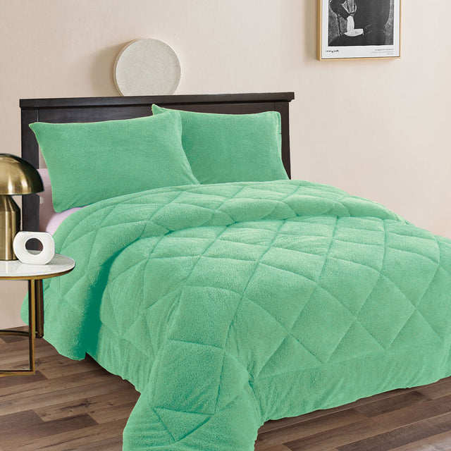 Aqua frost teddy fleece comforter set with a deep plush pile and two pillowcases on a king bed