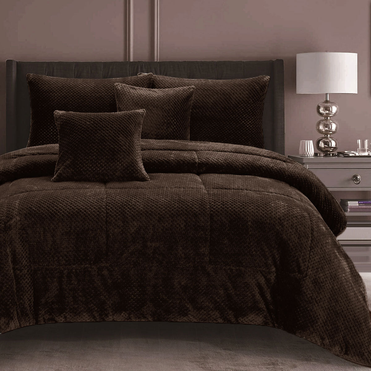 Syde mocha waffle fleece comforter set with smooth reverse on a Double bed with pillowcases