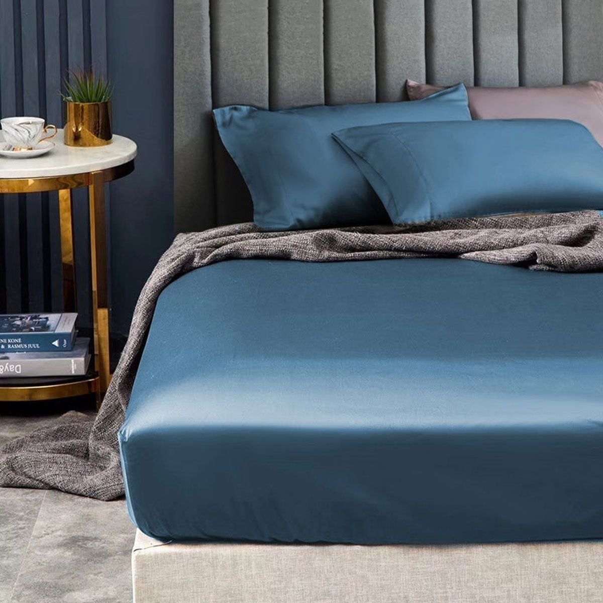 Ramesses 1500TC Elite Egyptian Cotton Sateen Fitted Sheet Combo Set in Classic Blue — Single — Allure Home Collections