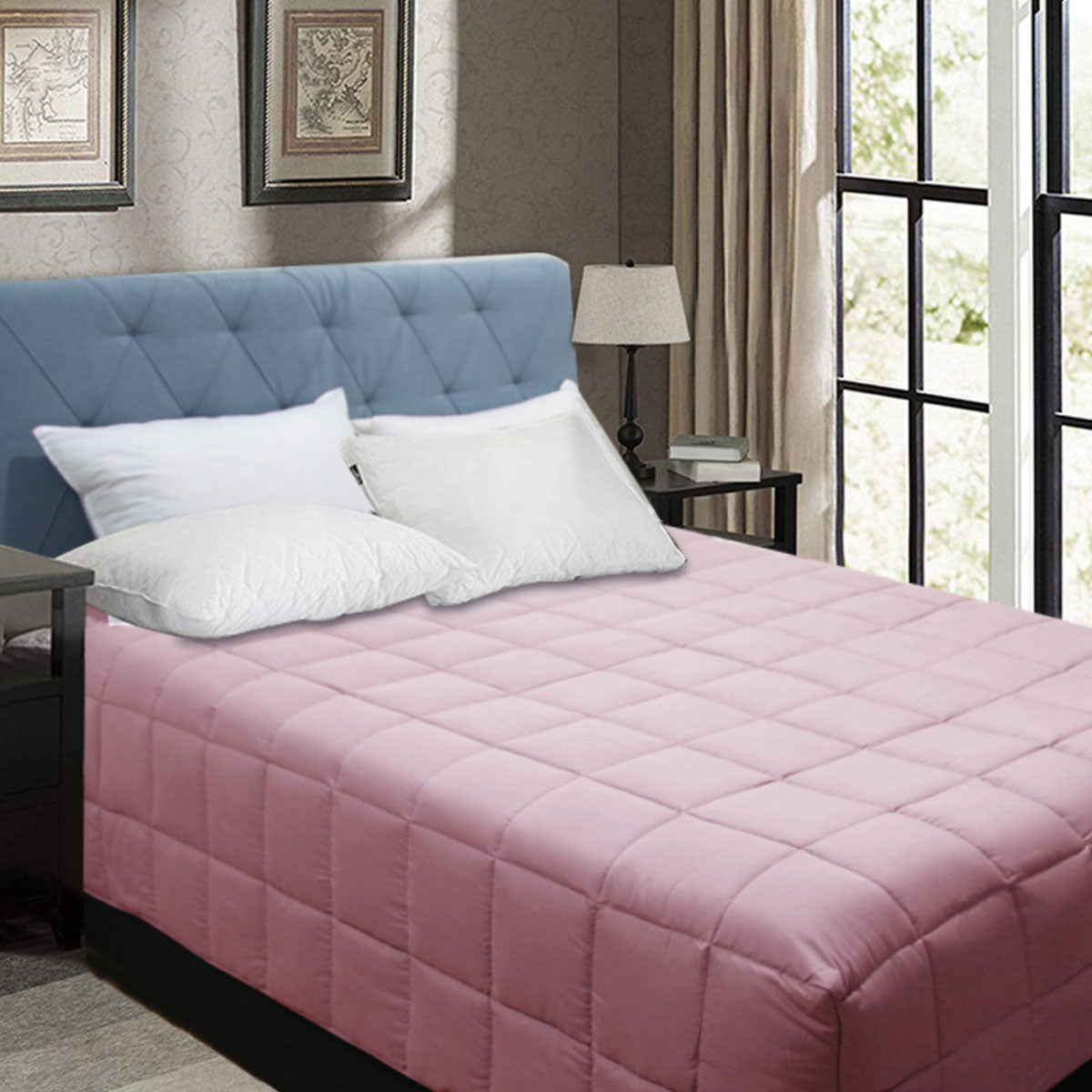 Dusty pink box end quilt with lofty cassette stitching on a King Single bed