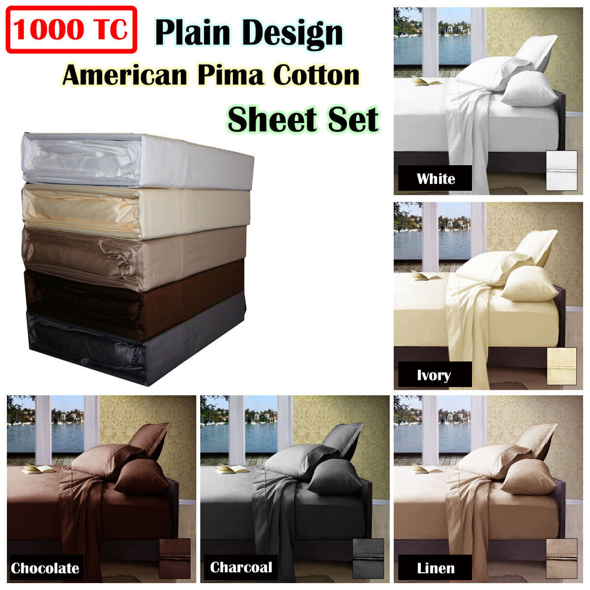 Ramesses 1000TC American Pima Cotton Plain Design Luxury Bedding Sheet Set