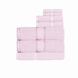 Baby pink seven piece 550 gsm cotton bath sheet set with bath sheets, hand towels, face washers and bath mat