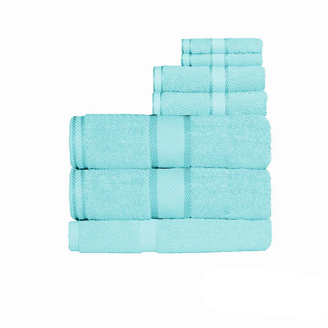 Seven piece cotton bath sheet set in Turquoise with bath sheets, hand towels, face washers and bath mat