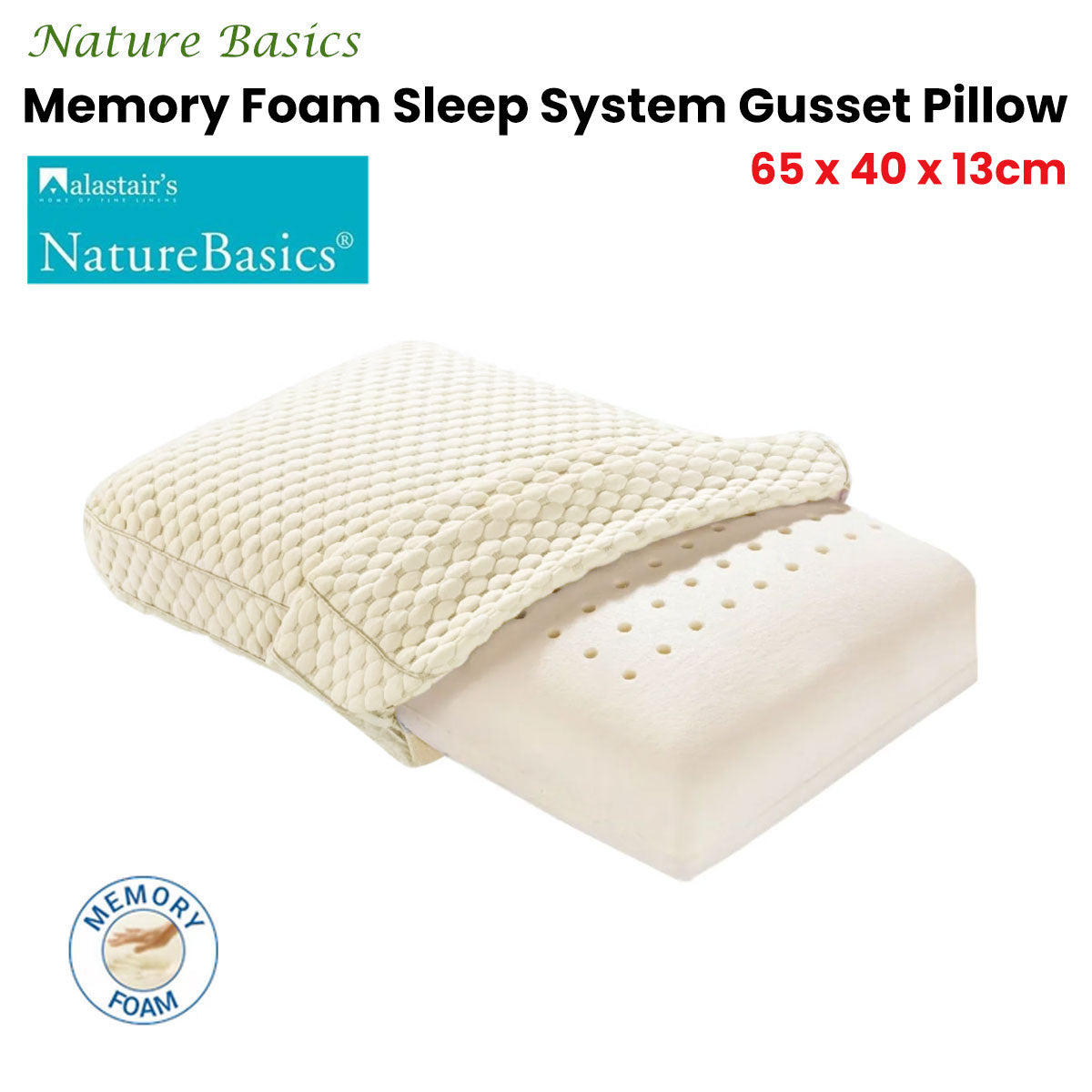 Alastairs Nature Basics Memory Foam Gusset Pillow — 65x40x13cm, Head Neck Shoulder — Allure Home Collections