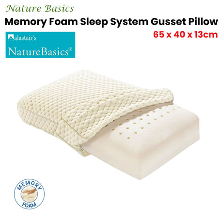 Alastairs Nature Basics Memory Foam Gusset Pillow — 65x40x13cm, Head Neck Shoulder — Allure Home Collections