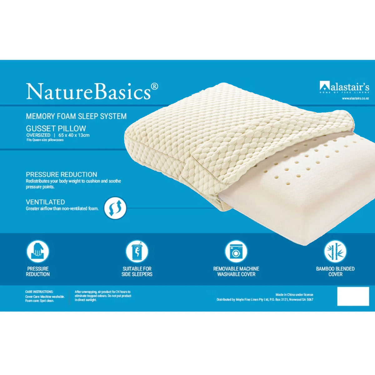 Alastairs Nature Basics Memory Foam Gusset Pillow — 65x40x13cm, Head Neck Shoulder — Allure Home Collections