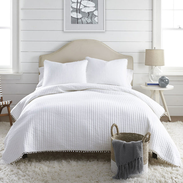 Cranham white cotton pompom coverlet set queen