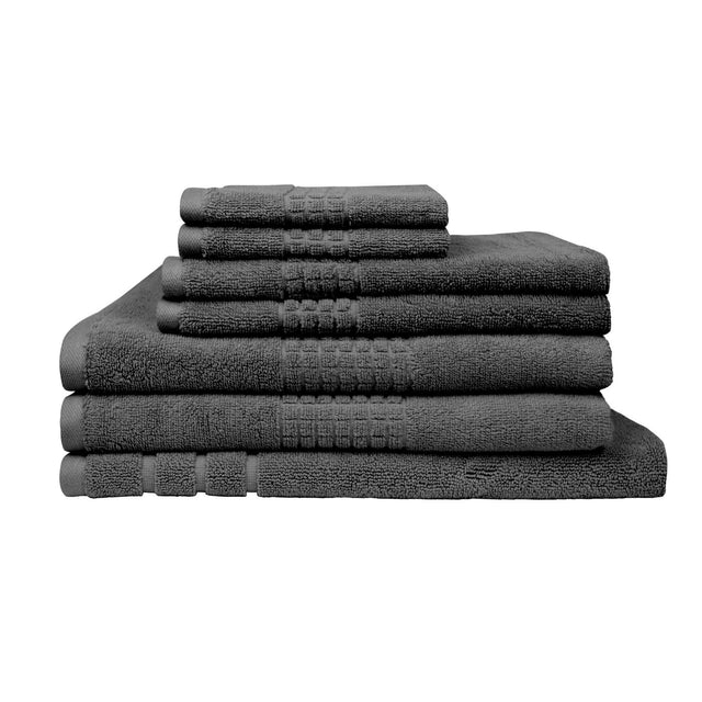 Charcoal striped cotton seven piece towel set with bath towels, hand towels, face washers and bath mat