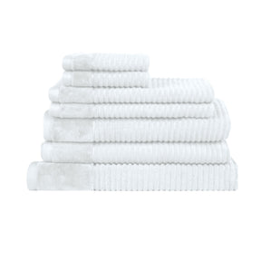 Rhodes white 650 GSM cotton bath towel set with crafted border in a hotel bathroom