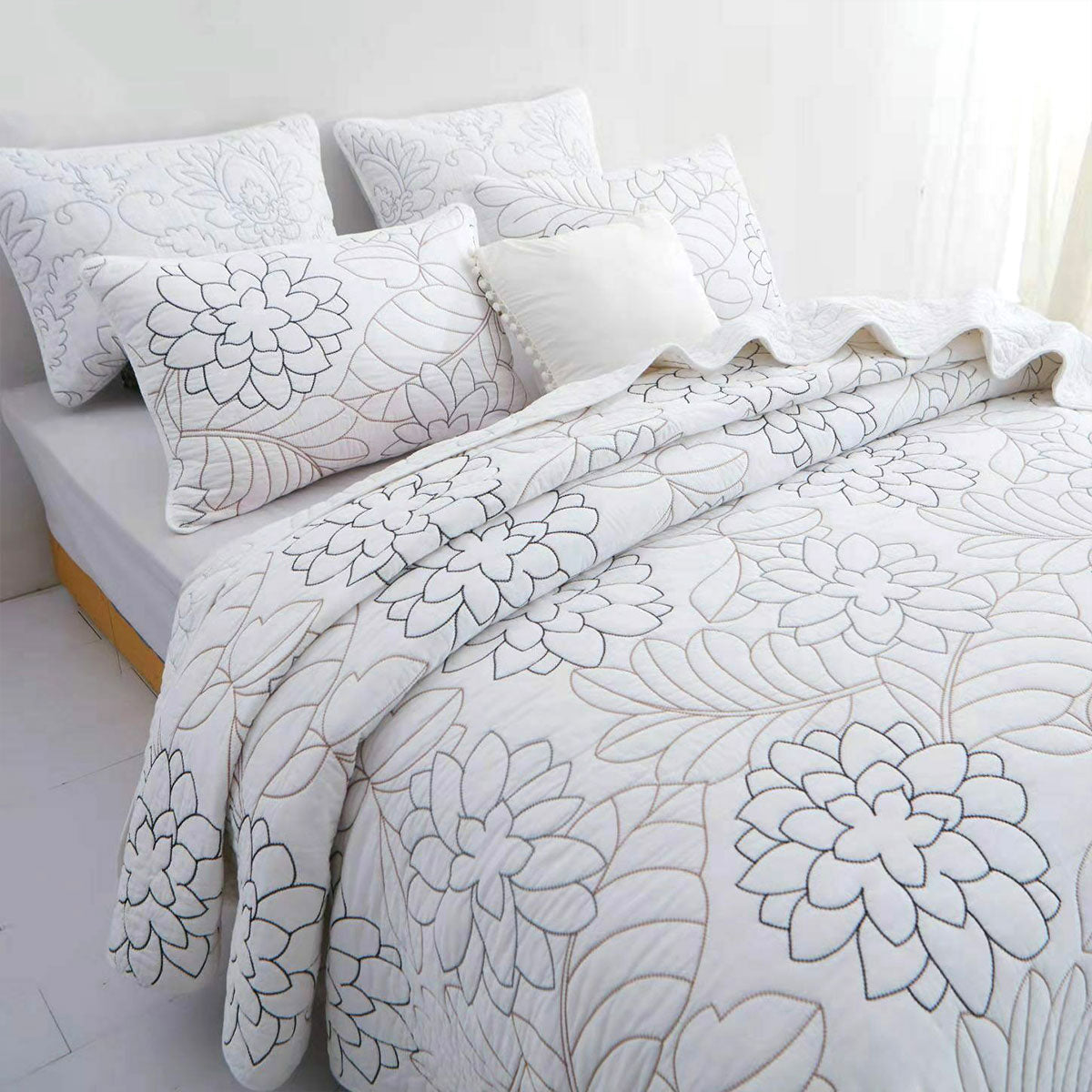 Whittington white floral cotton quilted coverlet set queen