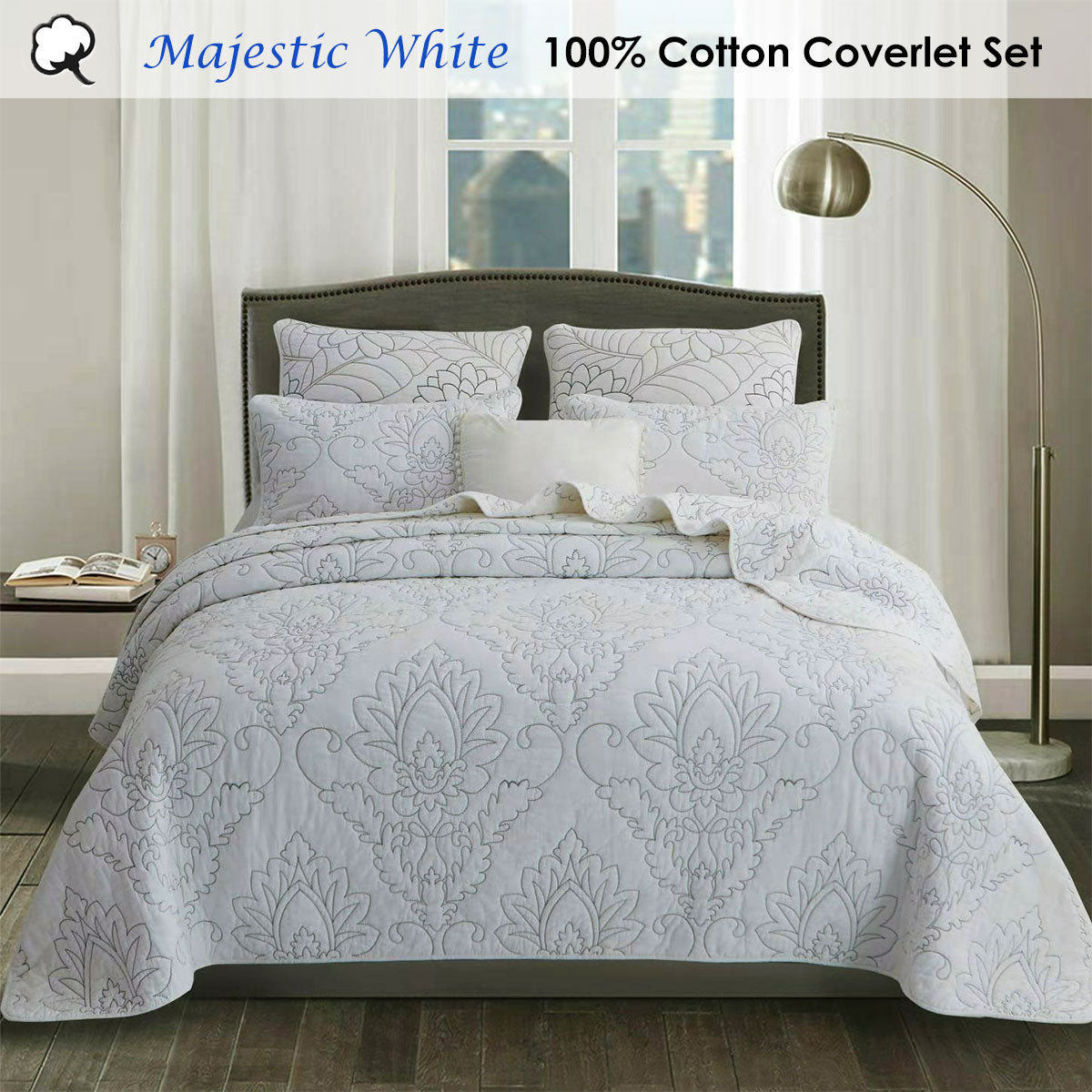Yanworth Damask Cotton Coverlet Set, King, White