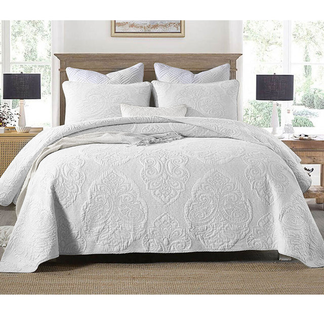 Ampney white damask cotton rich quilted coverlet set king