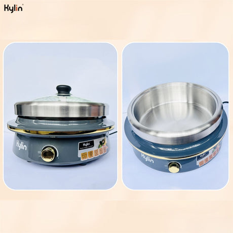 Electric hotpot filled with soup, noodles and vegetables for shared table cooking