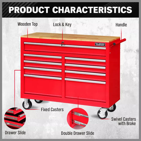 Rhondda Tool Chest Trolley, 9 Drawer, 1000lbs Capacity, Red